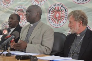 (Center) Rt. Rev. Philip Anyolo, chairman of KCCB and Bishop Homabay Diocese and Rt. Rev. Virgilio Pante, Bishop of Maralal and chairman of KCCB Commission for Refugees, Migrants and Seafarers