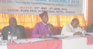 From left: Most Rev. John Baptist Odama Chairmam of UEC and Catholic Archbishop of Gulu, Most Rev. Stanly Ntagali,  Chairman of UJCC and Archbishop of the Church of Uganda,  and Most Rev. Cyprian Kizito Lwanga, Co-chairman of UJCC  Catholic Archbishop of Kampala during the UJCC meeting