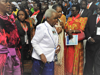The former First Lady of Tanzania, Mama Maria Magige Nyerere, wife of the late President Julius Nyerere arrives for the 2017 Uganda Martyrs day celebration