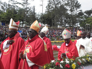 Most Rev. Emmanuel Obbo, the Archbishop of Tororo (front right) in a procession with other bishops during the 2017 Uganda Martyrs Day celebration. 