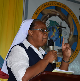 Sr. Romina Nyemera, OLGC Facilitator of the development of the Theological/Formation Center for the Association of Religious in Uganda (ARU) giving a her presentation on the Call for Solidarity for deeper evangelization at ACWECA 17th Plenary Assembly