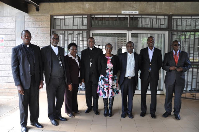  A section of CUEA Council Members (From Left) Rev. Fr. Ferdinand Lugonzo, Secretary General of AMECEA, Rt. Rev. Abraham Desta, Bishop of Meki, Prof  Apollinaria Elikana Pereka (Tanzania), Rt. Rev. Maurice Makumba, Council Chairman and Bishop of Nakuru Kenya,  Mrs. Bibiyana Bulaya-Kearns (Zambia), Rt. Rev. Bernadin Mfumbusa, Bishop of Kondoa Tanzania, Mr. Peter Ndaa (Kenya) and Prof. Justus Mbae (Vice Chancellor/Secretary to the Council) Picture By Pamela Adinda, AMECEA Online News