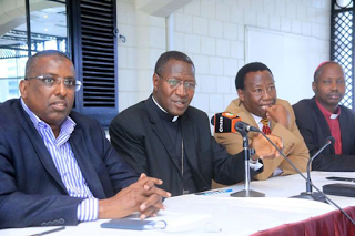 Interreligious Committee Chairman Rt Rev Alfred Rotich, with other Committee members during the Media address  at Intercontinental Hotel, Nairobi, on November 29, 2017. 
