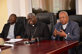 From Left- Rt. Rev. John Oballa Owaa, KCCB Administrator and Bishop of Ngong, Rt. Rev. Philip Anyolo, KCCB Chairman and Bishop of Homabay and H.E. John Cardinal Njue, Archbishop of Nairobi during the press conference in Nairobi