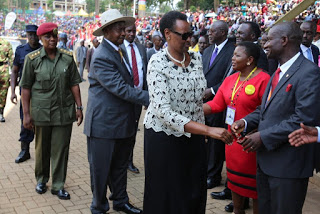 President Museveni of Uganda and his wife Janet, arrive for the celebration at Namugongo  Catholic Shrine