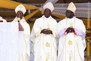 Bishop Gervacy Nyaisonga (centre) and Bishop Flavian Kassala (right). Left is Bishop is the outgoing President Bishop Tarcisius Ngalalekumtwa
