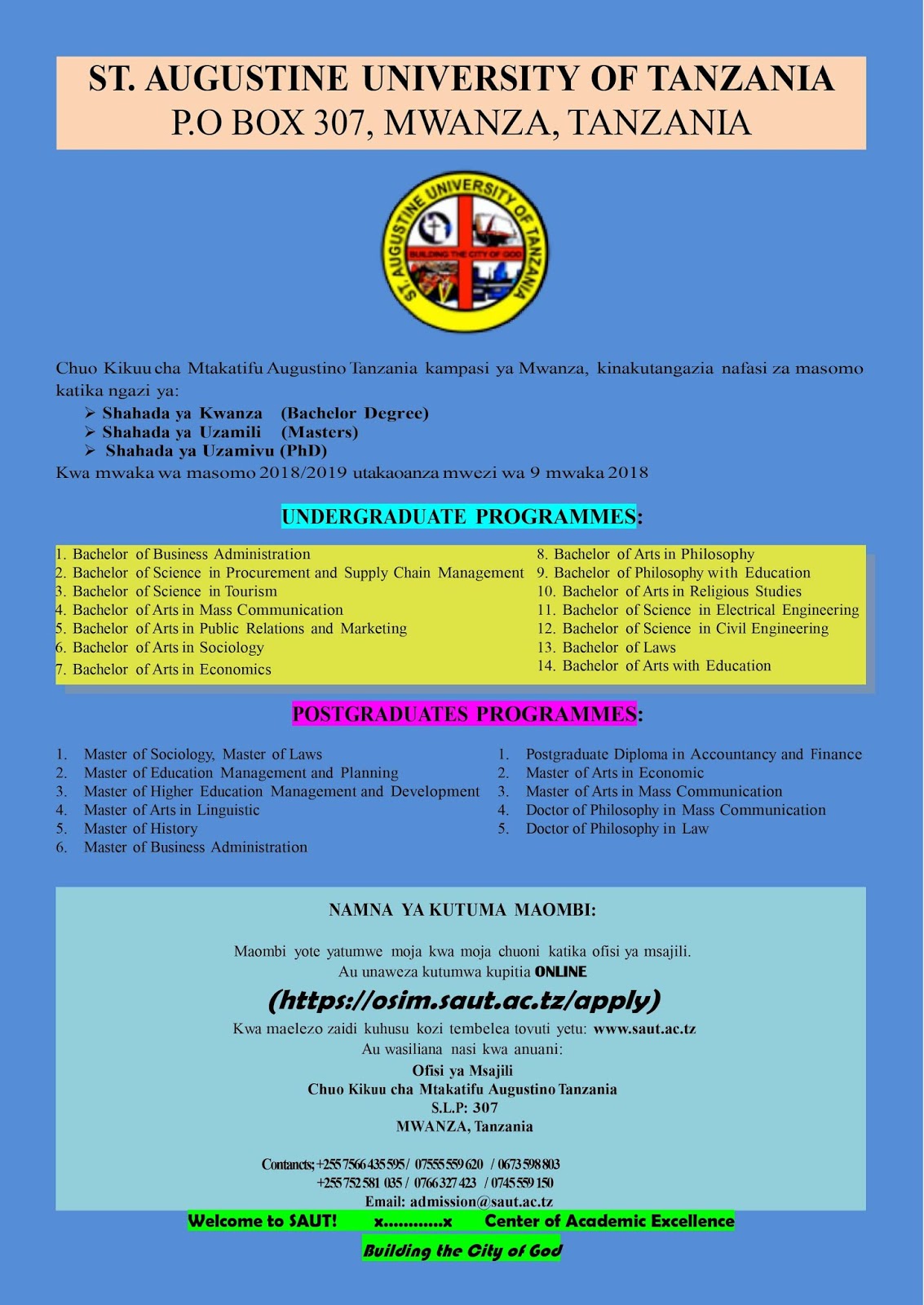 Saint Augustine University Tanzania Call for Undergraduate Application 2018-2019-1