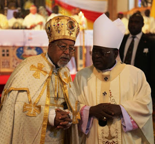 H.E. Berhaneyesus Cardinal Souraphiel, immediate former Chairman  of AMECEA with Most Rev. Cyprian Kizito Lwanga  of Kampala Archdiocese at the launch of  year-long Jubilee  celebrations of SECAM