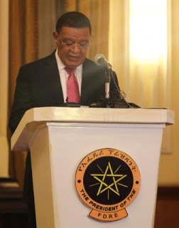 H.E. Dr. Mulatu Teshome Wirtu, President of the  Federal Democratic Republic of Ethiopia delivering  his speech at the National Palace when he  hosted AMECEA Bishop for a dinner