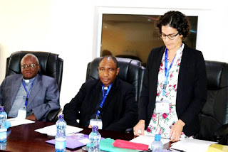 From Left: Rt. Rev. Method Kilaini, Auxiliary Bishop  of Bukoba, Tanzania, Rev. Fr. Anthony Makunde, AMECEA  Secretary General & Dr. Miriam Leidenger from Missio  Aachen During the NSCCA 5th Meeting in Nairobi