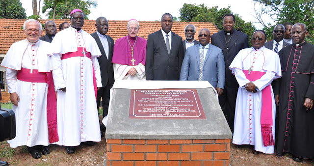 A section of Uganda Bishops and University Council Members at the Monument unveiled at the launch of the year long Jubilee Celebrations in May 2017. The monument was availed by Ugandan First Lady Her Excellency Janet Museveni (Photo Courtesy)