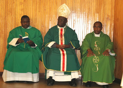 From Left: Rev. Fr. Peter Moudie, Rector of Blessed Bakanja AMECEA College; Rt. Rev. Charles Kasonde, Chairman of AMECEA;Very Rev. Anthony Makunde  Secretary General of AMECEAduring the Eucharistic Celebrations at the institution