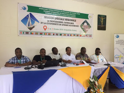 Rev. Fr. Emmanuel Chimombo (left) AMECEA Pastoral Department  Coordinator with other panelists at the ICMICA Meeting in Ivory Cost