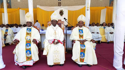 (From Left) Most Rev. Jude Thadaeus Ruwa’ichi, O.F.M. Cap., Coadjutor Archbishop, H.E. Polycarp Cardinal Pengo and Rt. Rev. Eusebius Alfred Nzigilwa,  Auxiliary Bishop  during the Mass of Harvest in the Archdiocese