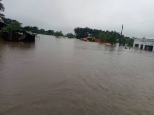 A village submerged in flood water and turned into rivers