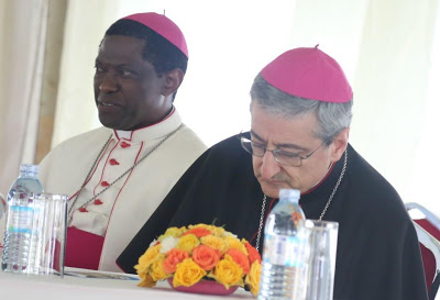 Most Rev.  Protase Rugambwa Vatican Secretaryof the Congregation for  the Evangelizationof Peoples with Most Rev. Luigi Bianco, Apostolic Nuncio to Uganda