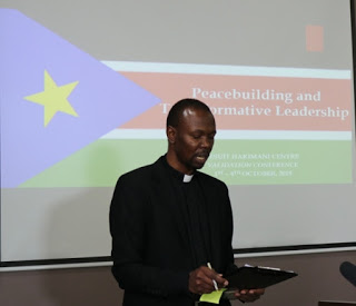 Rev. Fr. Oscar Momanyi, Director Jesuit Hakimani Centre  Sharing the Findings of the Research on Peace-Building and  Transformative Leadership in South Sudan during  the Validation Workshop held in Nairobi