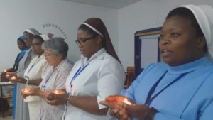 From Right in blue habit, the new ZAS Chairperson, Sr. Sylvia N. Kagulura followed by the new ZAS Assistant Chair, Sr. Elvin Msimuko