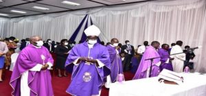 Rt Rev Raphael P, mony Wokorach of Nebbi Catholic Diocese approaching the holy Altar at the start of Eucharistic celebration at Parliament on Ash Wednesday.