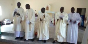 From right to left are Fr. Emmanuel Opio the chancellor, Fr Denish Omara, Fr Patrick Odur and the visiting priest on the occasion of the memorial of St Leo the great at Boroboro