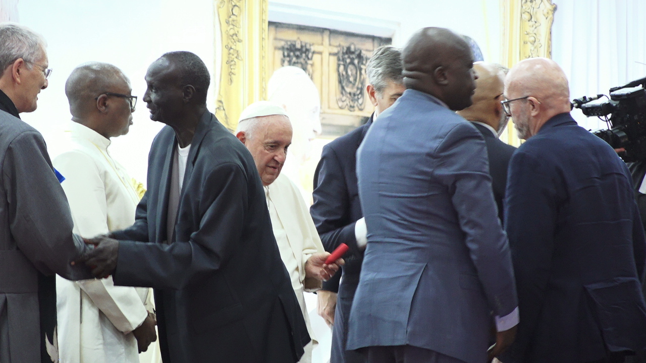 Pope Francis greetings some of the internally displaced persons during the meeting in freedom hall, Juba