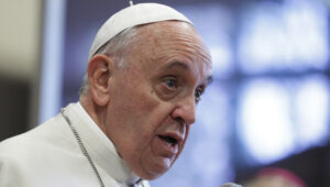 Pope Francis addresses parishioners during visit to parish of Santa Maria dell'Orazione on outskirts of Rome