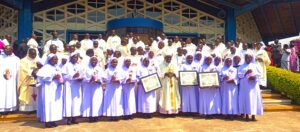 Bishop Kirabo with the jubilarians and Religious who made their perpetual vows